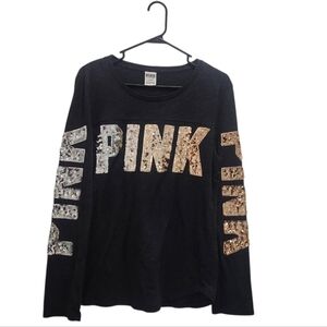 PINK Victoria's Secret Charcoal Long Sleeve Tee Rose Gold Silver Spellout Size L